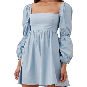 Light Blue Square Neck Dress Long Puff Sleeve A-Line Casual Short Mini Dress